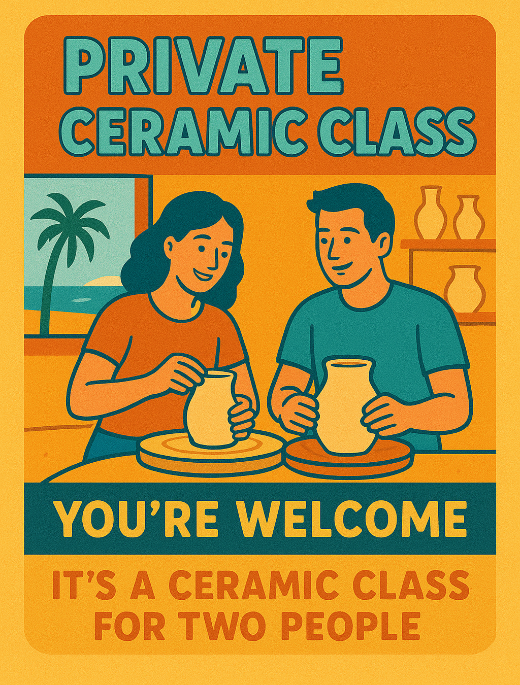 Gift card for a private ceramic class with two people making pottery.