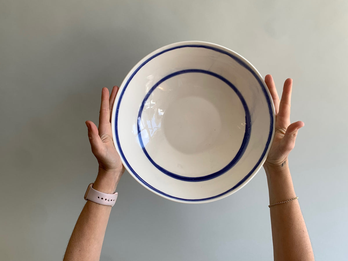 Cobalt blue line handmade porcelain salad bowl, front view